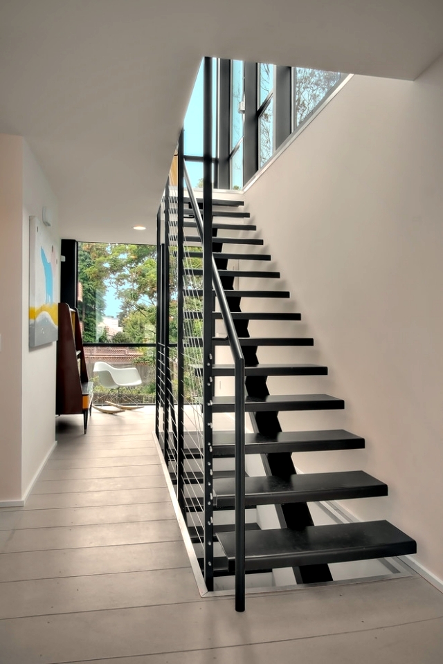 The modern steel staircase inside and outside in the amazing design