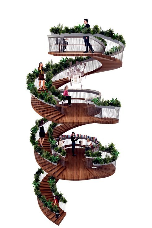 The plants adorn the staircase railing a spiral design in London
