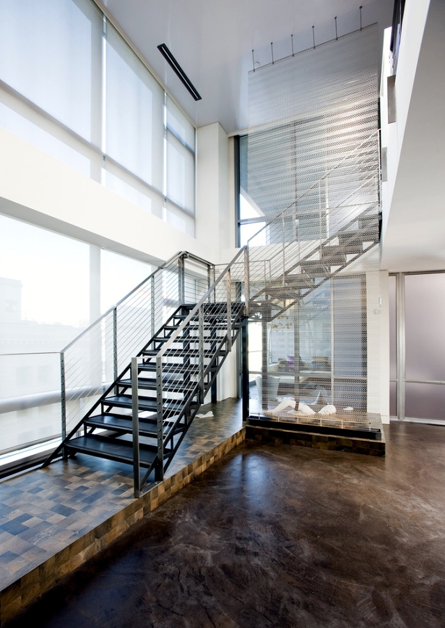 The modern steel staircase inside and outside in the amazing design