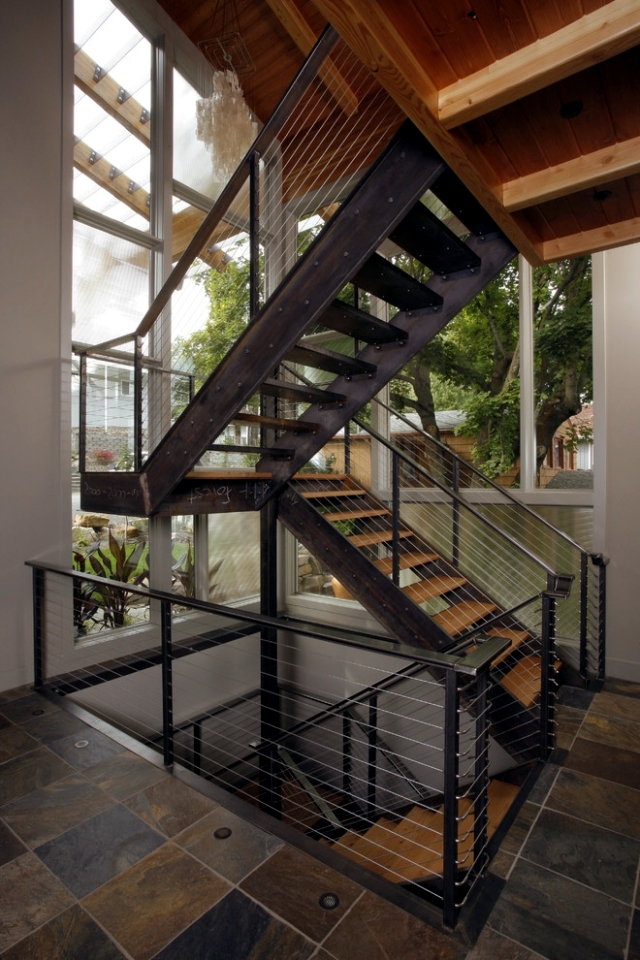 The modern steel staircase inside and outside for amazing design ...