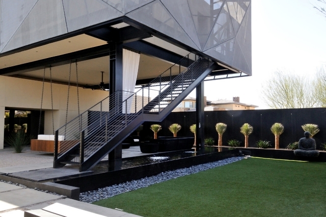 Commercial public stair outside white iron steel staircase