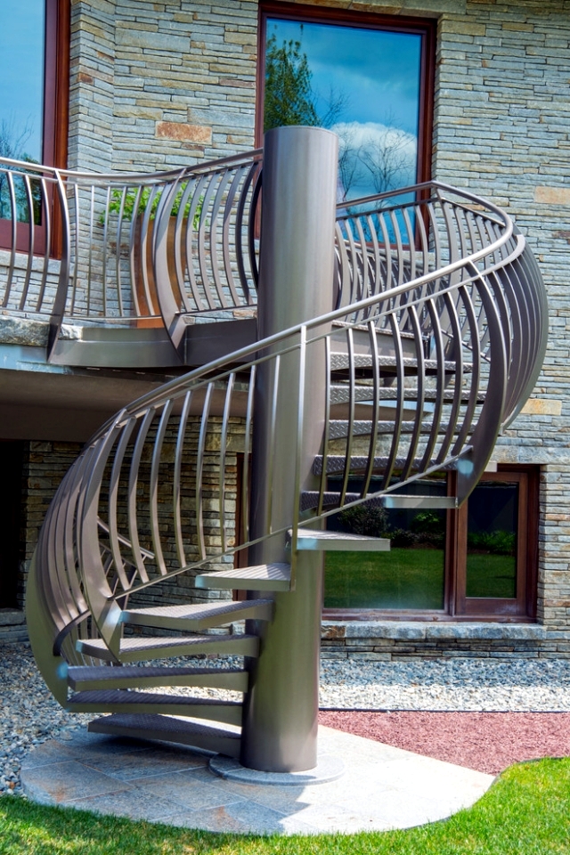 The modern steel staircase inside and outside for amazing design.  Interior Design Ideas  Ofdesign