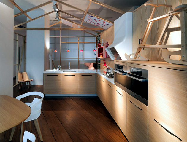 Modern wood kitchen SCHIFFINI - Bag slots instead kitchen cabinets