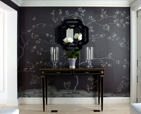 Hand-woven wallpaper with printed paper flowers radiate classic elegance