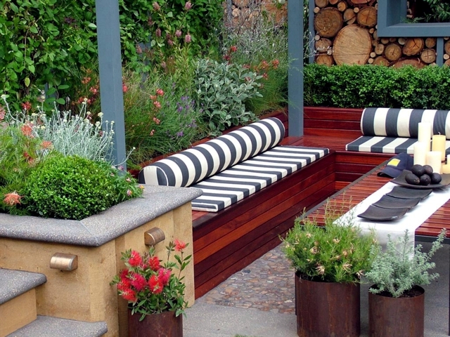 Wooden Bench 48 creative ideas garden design, stone and wrought iron