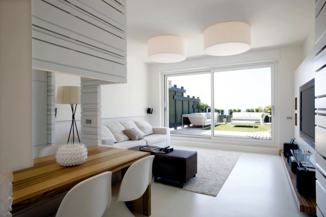 Interior of a modern apartment in white and wood