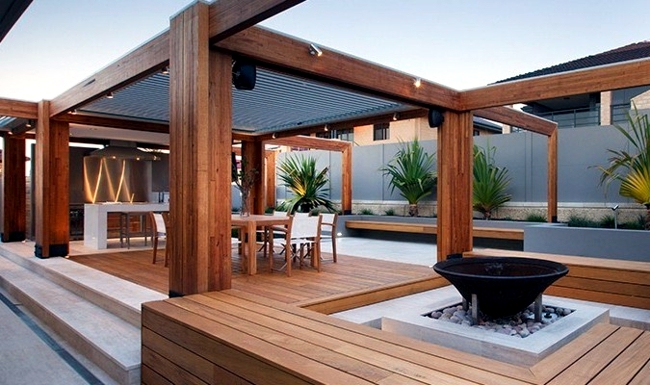 patio, aluminum and wood roof provides visibility and wind protection
