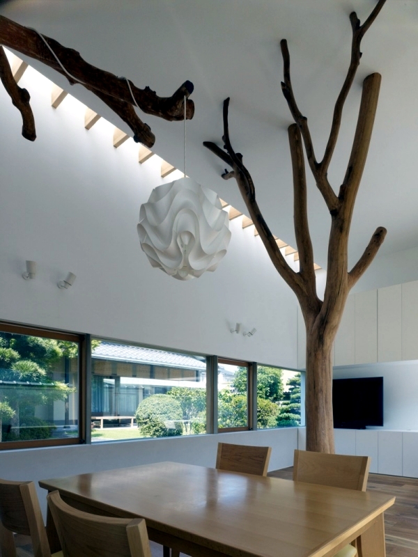 Modern house built in the garden with two trees of sentimental value