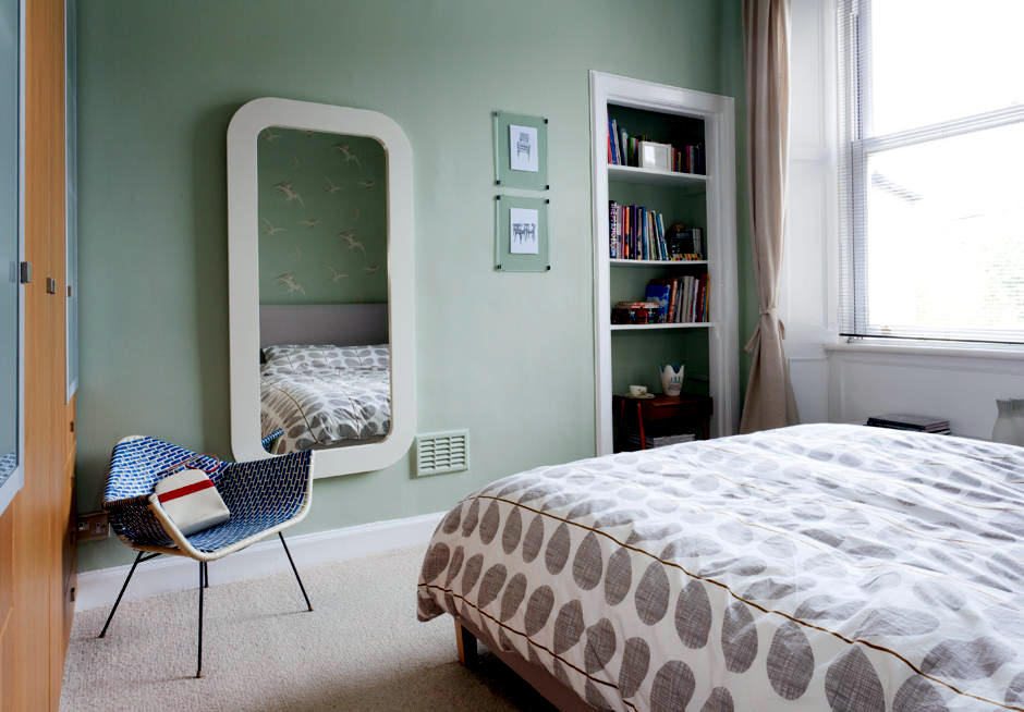 Bright Green Wall Paint And Bedding Patterned Interior Design