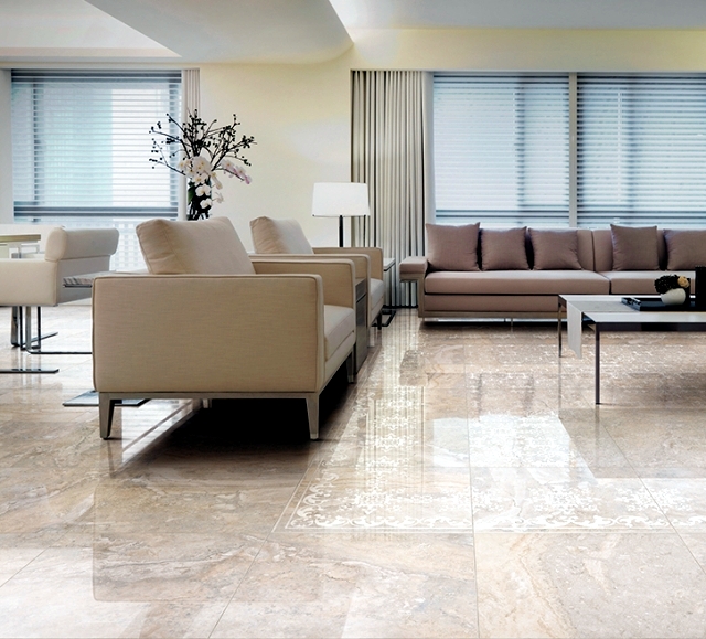 Chic wall and floor tile provide a visual description