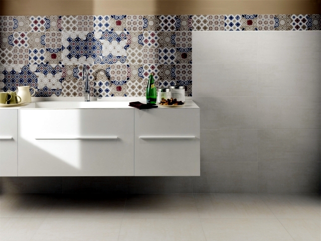Chic wall and floor tile provide a visual description