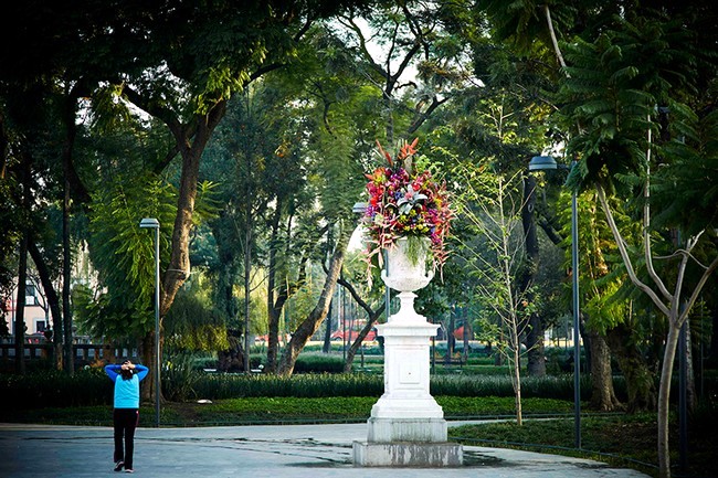 Beautiful sculptures of flowers decorate the park in Mexico