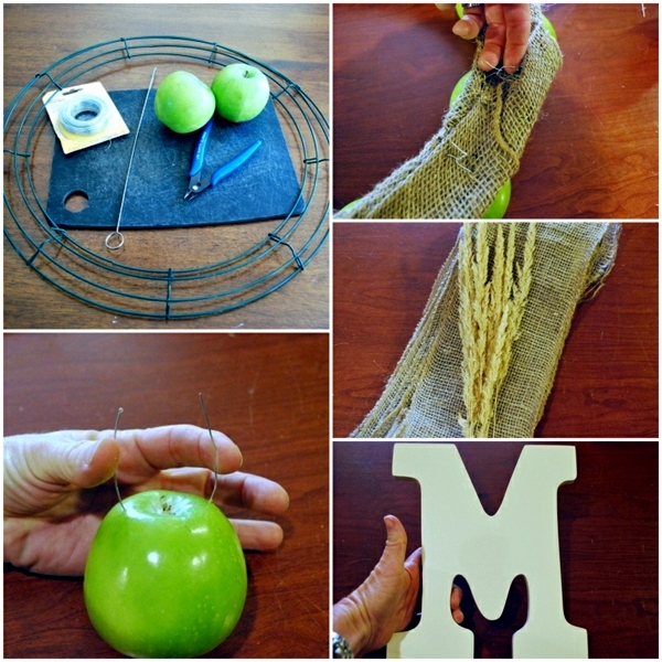 Autumnal decorating - make door wreath with apples themselves