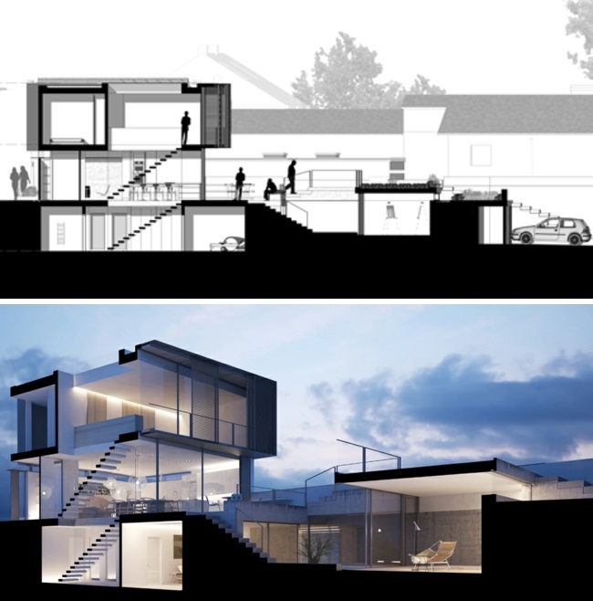Construction - Project for modern solid concrete house and glass