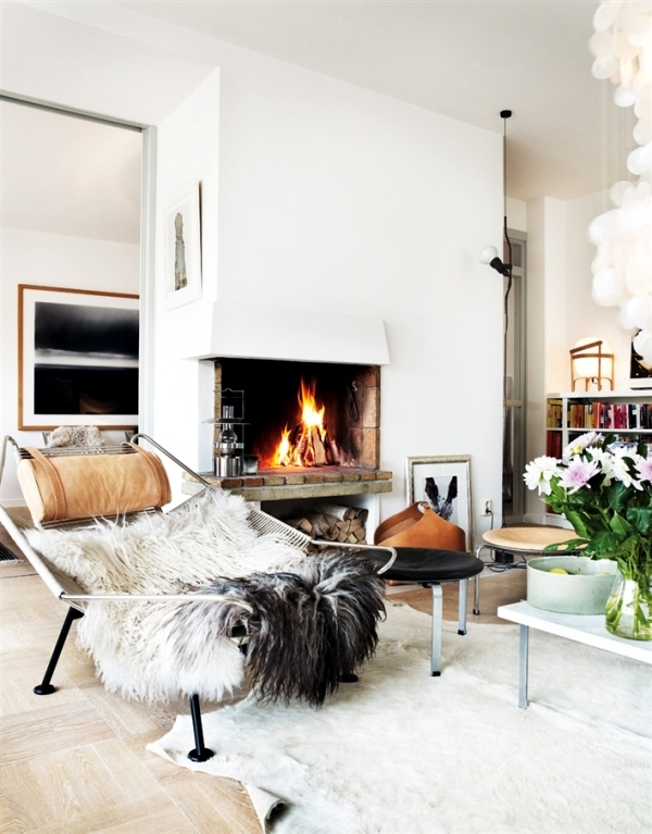 Cozy at home with knitting, wool and fur furniture and ceilings