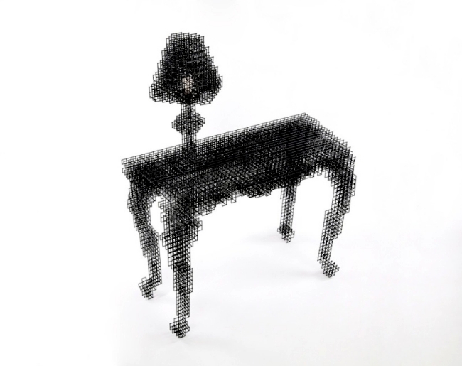 Designer furniture made of wire mesh shimmer as dynamic afterimages