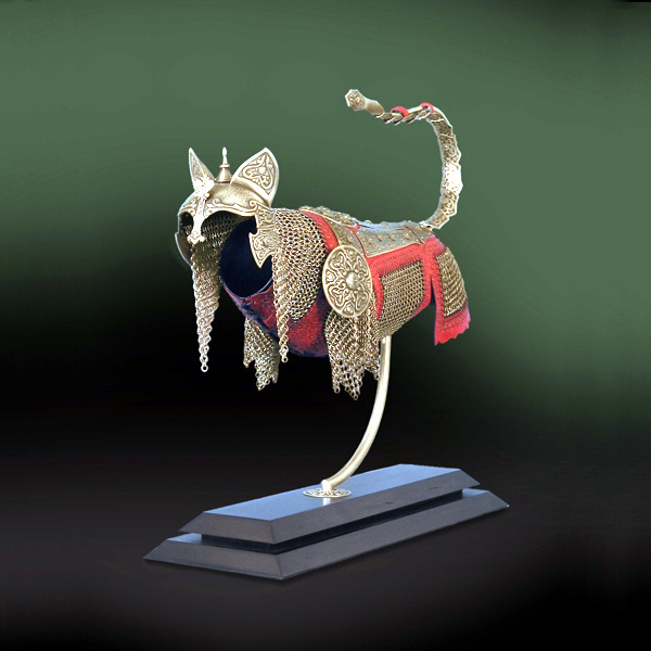 Detailed art sculptures provide armor for cats and mice represent