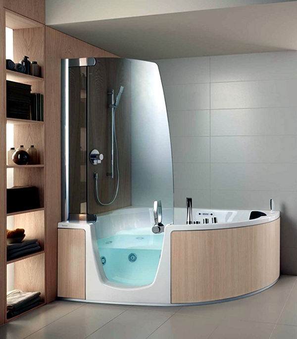 Ergonomic corner bath with shower and whirlpool function by Teuco