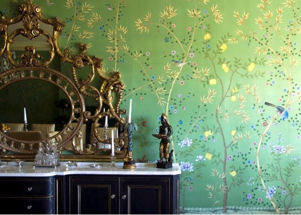 Hand-painted Chinese silk wallpaper with Chinoiserie floral pattern