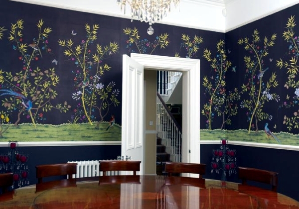 Hand-painted Chinese silk wallpaper with Chinoiserie floral pattern
