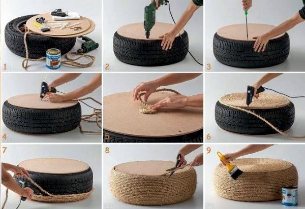Make gardening ideas with old car tire flower pots and stool itself