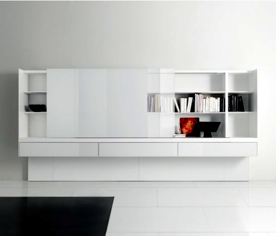 Modern shelving designs with built-in screens from Acerbis