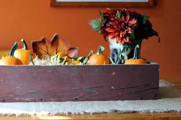 Rustic Autumn table decoration - wooden box with fruit and candles