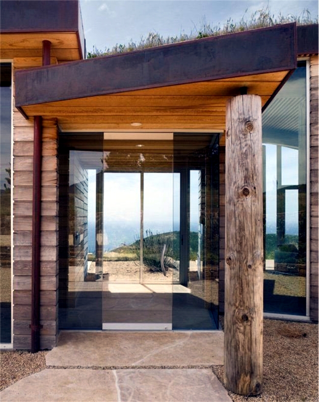 Stone, wood and glass characterize a modern home in California