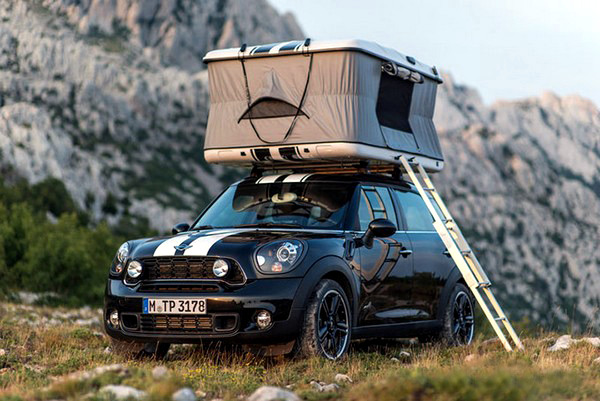 The Mini Countryman car with a tent suitable for camping holidays
