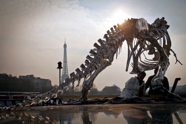Tyrannosaurus Rex watches over the Eiffel Tower modern art installation
